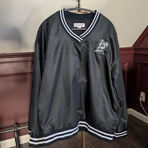 Mitchell & Ness Black Bomber Jacket Varsity V-neck Satin Sweatshirt Coach